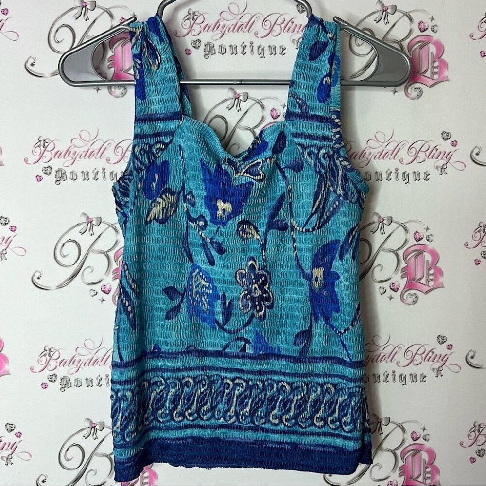RAFAEL Blue Sleeveless Bustier Tank Top ruffle fabric floral flowers stretchy